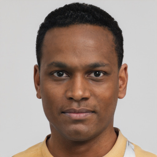 Neutral black young-adult male with short  black hair and brown eyes