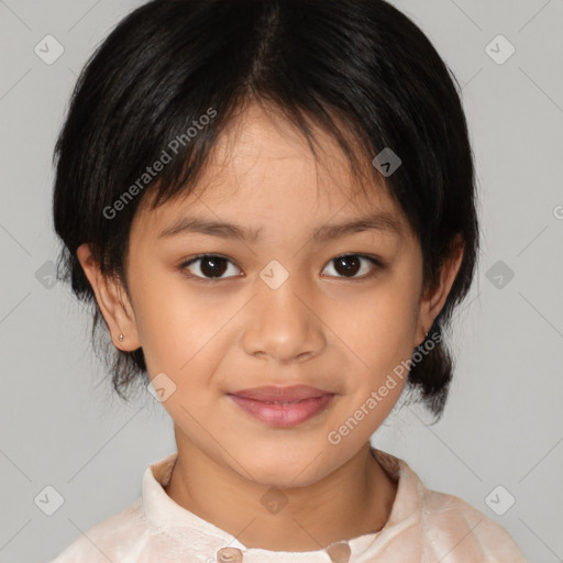 Joyful white child female with medium  brown hair and brown eyes