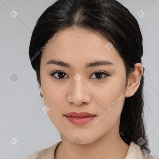 Joyful white young-adult female with medium  brown hair and brown eyes