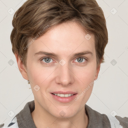 Joyful white young-adult female with short  brown hair and grey eyes