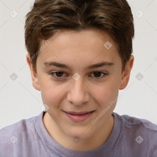 Joyful white child female with short  brown hair and brown eyes