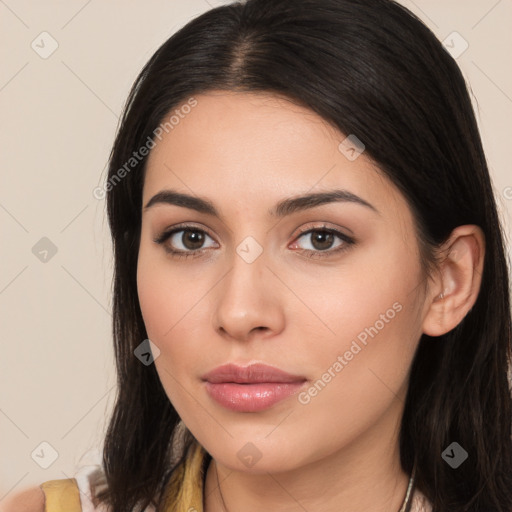 Neutral white young-adult female with long  brown hair and brown eyes