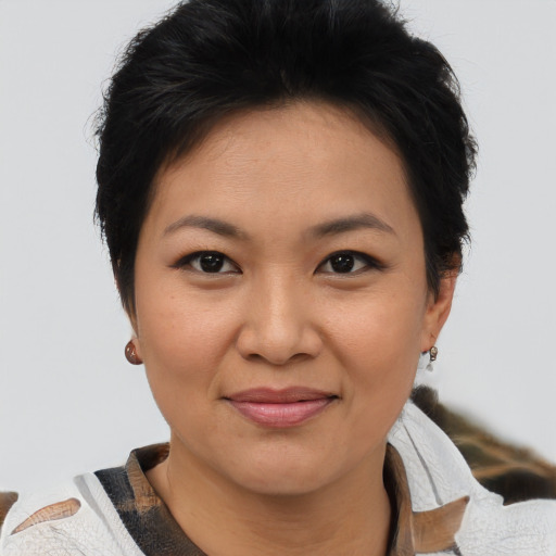Joyful asian young-adult female with short  brown hair and brown eyes