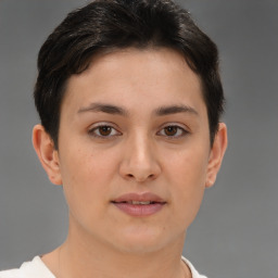 Joyful white young-adult female with short  brown hair and brown eyes