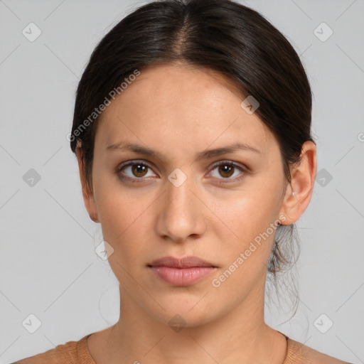 Neutral white young-adult female with medium  brown hair and brown eyes