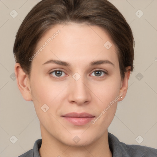 Neutral white young-adult female with short  brown hair and brown eyes