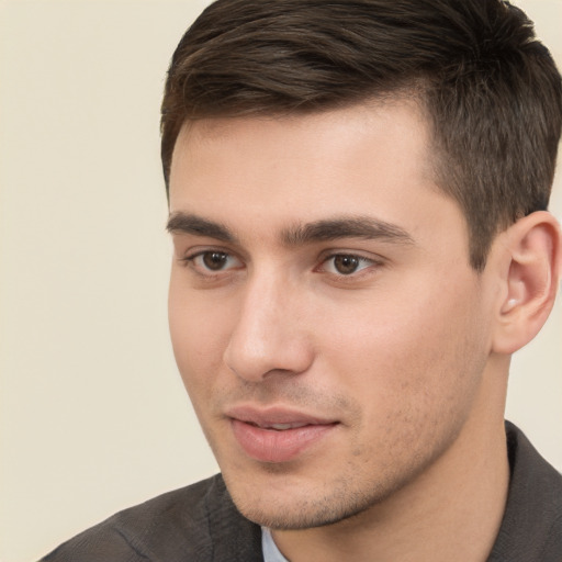 Neutral white young-adult male with short  brown hair and brown eyes