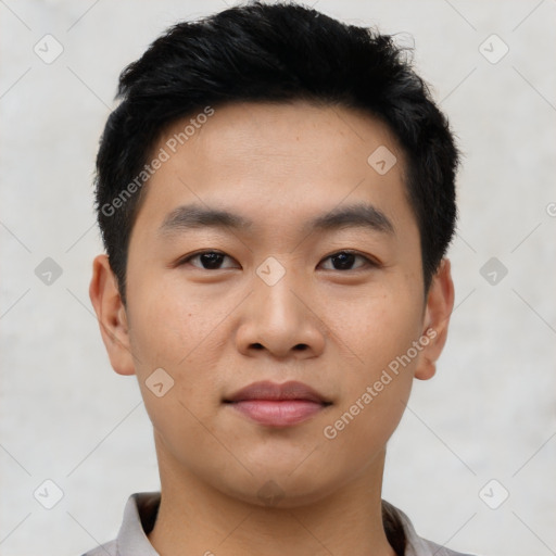 Neutral asian young-adult male with short  black hair and brown eyes