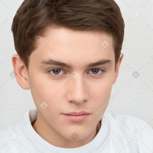 Neutral white young-adult male with short  brown hair and brown eyes