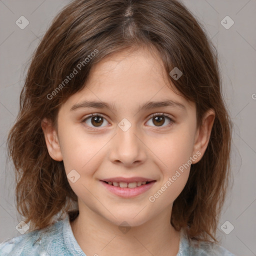 Joyful white child female with medium  brown hair and brown eyes