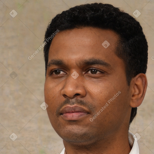Neutral black young-adult male with short  black hair and brown eyes