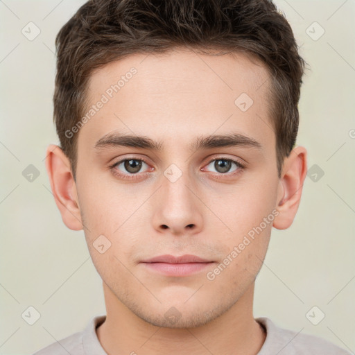 Neutral white young-adult male with short  brown hair and grey eyes