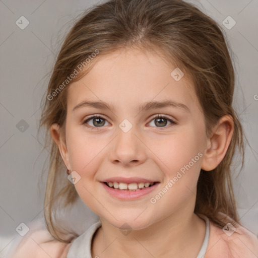 Joyful white child female with medium  brown hair and brown eyes