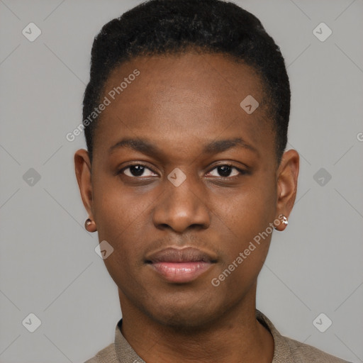 Neutral black young-adult male with short  black hair and brown eyes