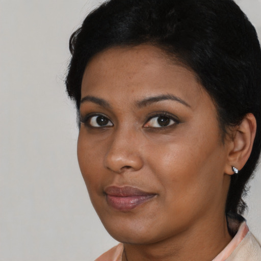 Neutral asian young-adult female with short  black hair and brown eyes