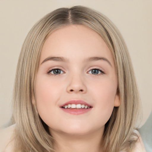 Joyful white child female with medium  brown hair and brown eyes