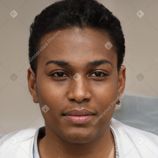 Joyful black young-adult female with short  brown hair and brown eyes