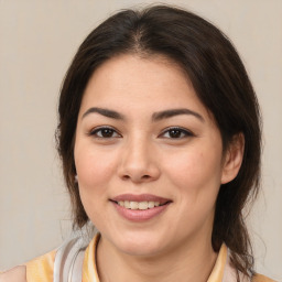 Joyful white young-adult female with medium  brown hair and brown eyes