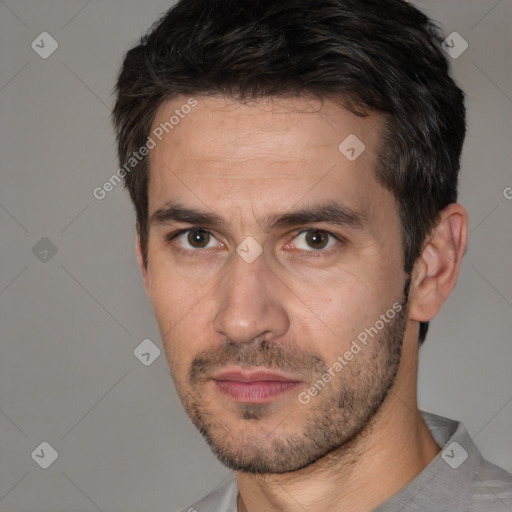 Neutral white adult male with short  brown hair and brown eyes