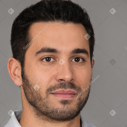 Neutral white young-adult male with short  brown hair and brown eyes