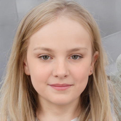 Joyful white child female with long  brown hair and grey eyes