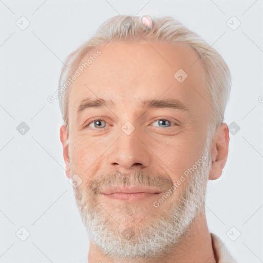 Joyful white adult male with short  brown hair and grey eyes