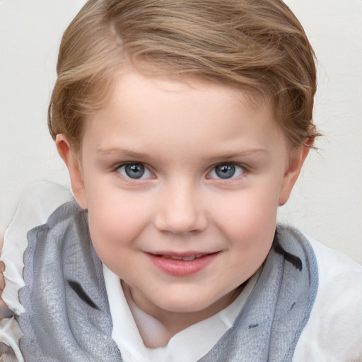 Joyful white child female with medium  brown hair and blue eyes