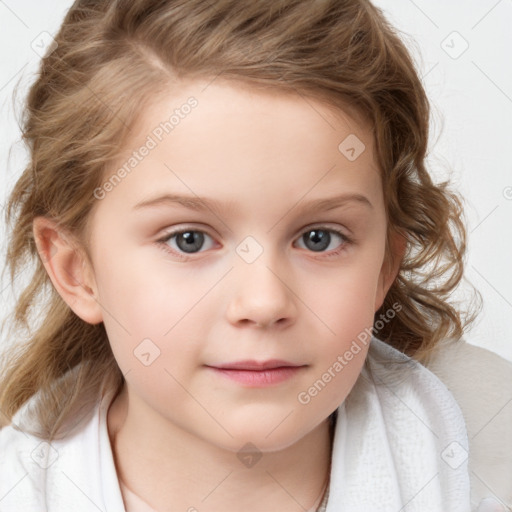 Neutral white child female with medium  brown hair and blue eyes