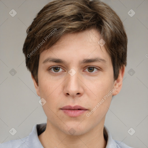 Neutral white young-adult male with short  brown hair and grey eyes