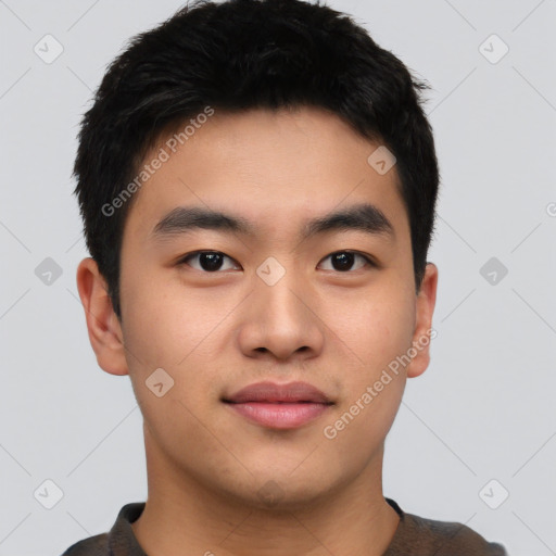 Neutral asian young-adult male with short  black hair and brown eyes