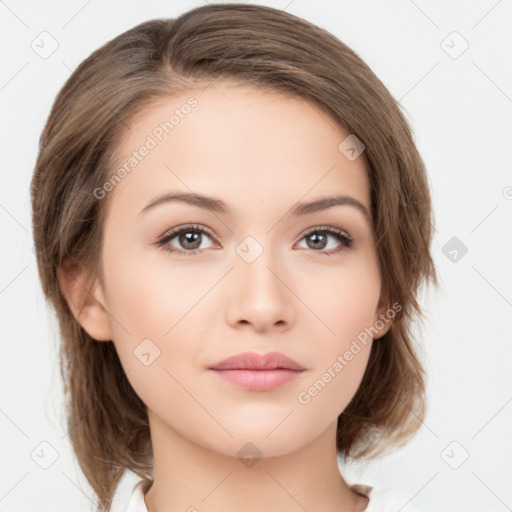 Neutral white young-adult female with medium  brown hair and brown eyes