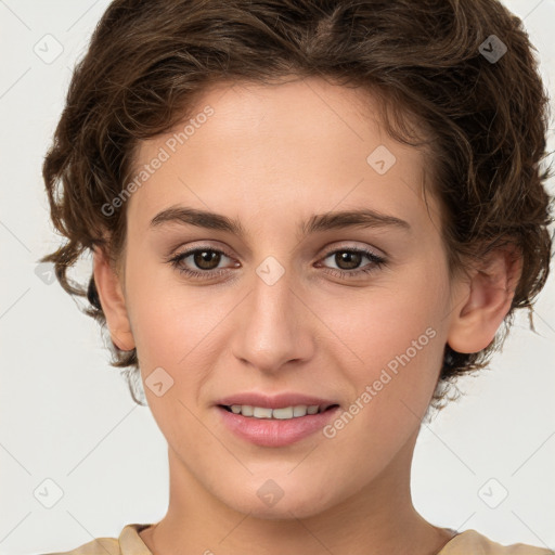 Joyful white young-adult female with medium  brown hair and green eyes