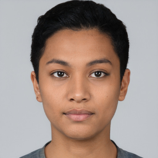 Neutral latino young-adult female with short  black hair and brown eyes
