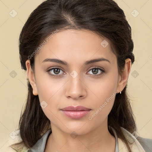 Neutral white young-adult female with medium  brown hair and brown eyes