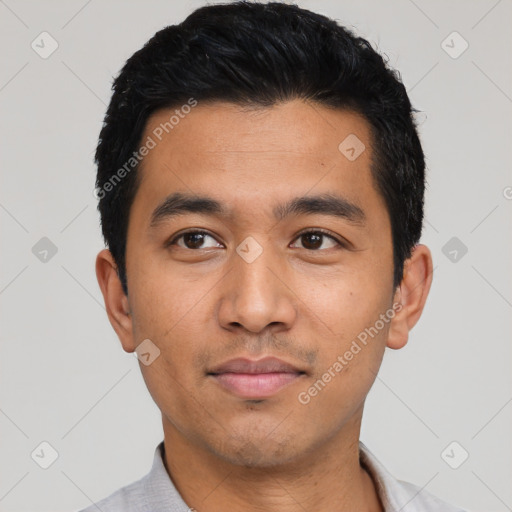 Neutral asian young-adult male with short  black hair and brown eyes