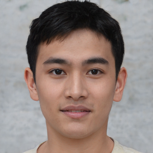 Joyful asian young-adult male with short  black hair and brown eyes