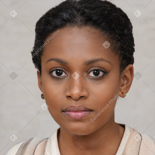 Neutral black young-adult female with short  black hair and brown eyes