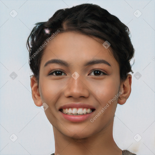 Joyful latino young-adult female with short  black hair and brown eyes