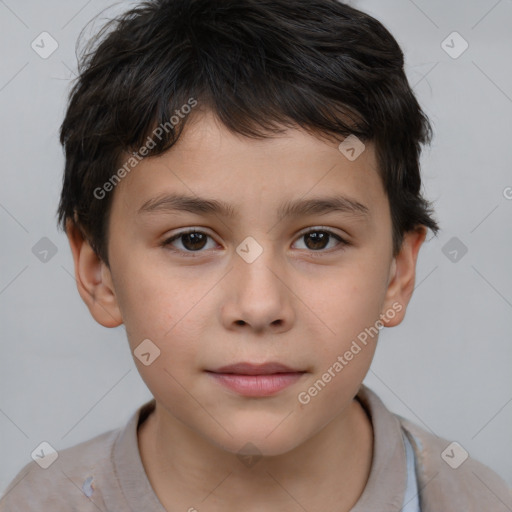 Joyful white child male with short  brown hair and brown eyes