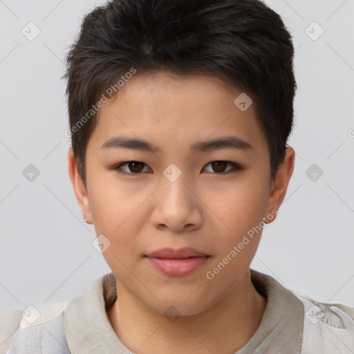 Joyful asian child female with short  brown hair and brown eyes