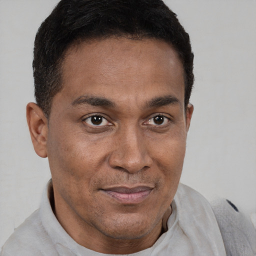 Joyful latino young-adult male with short  brown hair and brown eyes