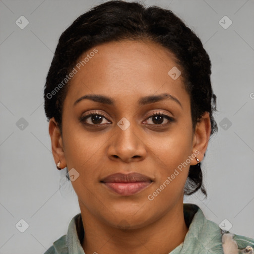 Joyful latino young-adult female with short  black hair and brown eyes