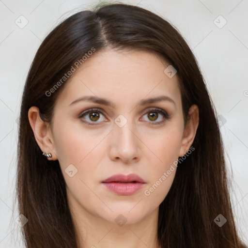 Neutral white young-adult female with long  brown hair and brown eyes