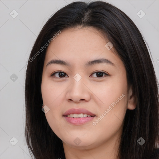 Joyful asian young-adult female with long  brown hair and brown eyes