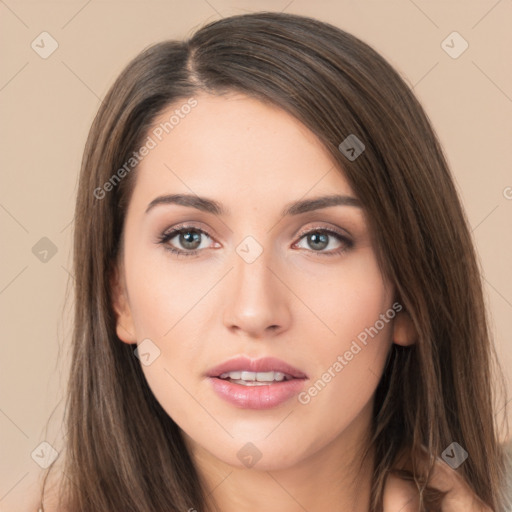 Neutral white young-adult female with long  brown hair and brown eyes