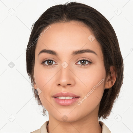 Neutral white young-adult female with medium  brown hair and brown eyes