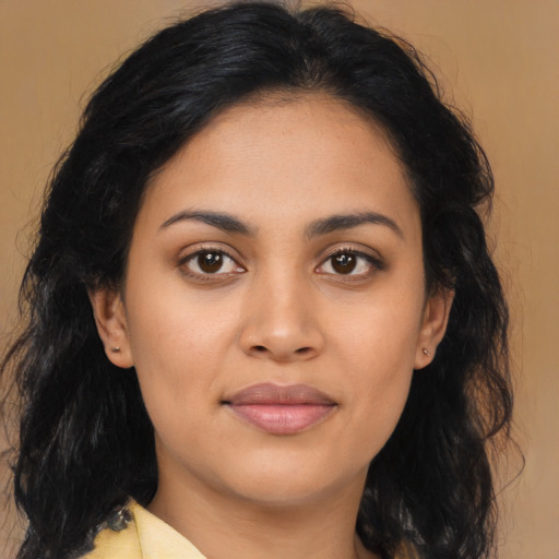 Joyful asian young-adult female with long  brown hair and brown eyes
