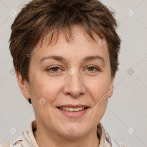 Joyful white adult female with short  brown hair and grey eyes