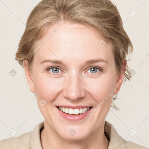 Joyful white young-adult female with medium  brown hair and blue eyes