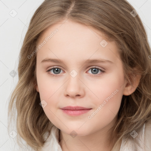 Joyful white child female with medium  brown hair and grey eyes